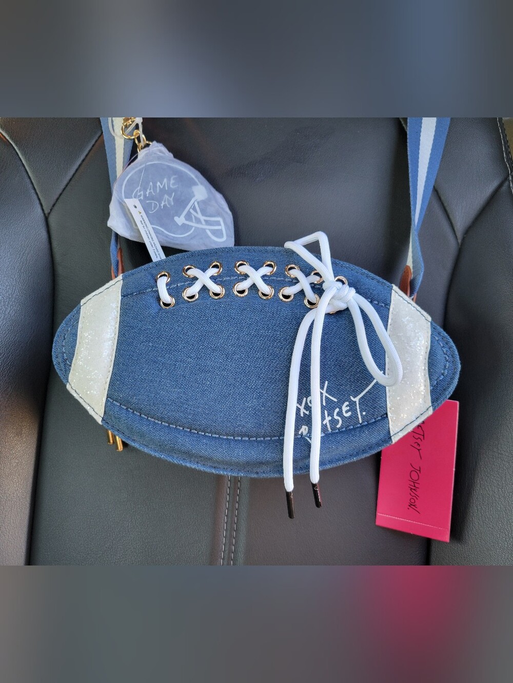 Betsey Johnson XO Fumble Football Denim Crossbody Bag Blue Game Day Purse Rare